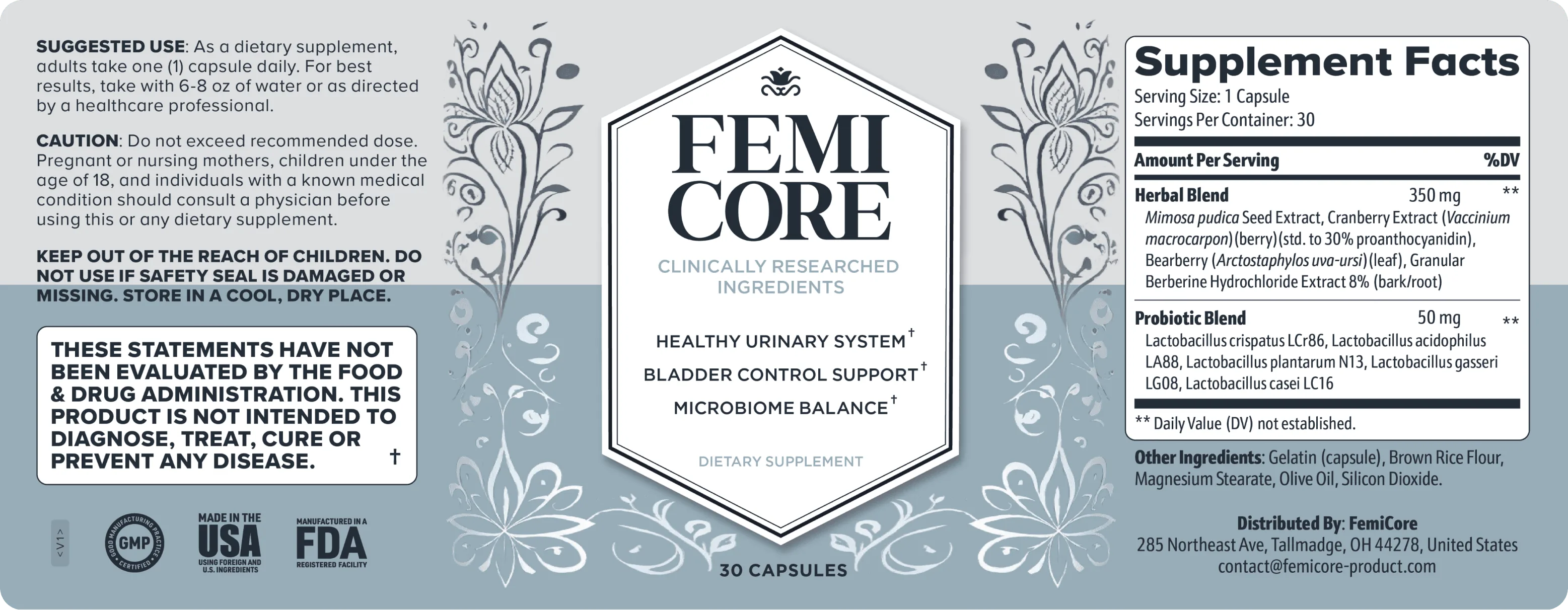 FemiCore Supplement Facts panel showing Herbal Blend 350 mg and Probiotic Blend 50 mg with all listed ingredients