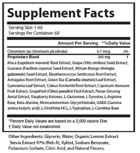 Gelatine Sculpt Supplement Facts panel: 1 mL serving, 60 servings, chromium 0.7 mcg and a 200 mg proprietary blend