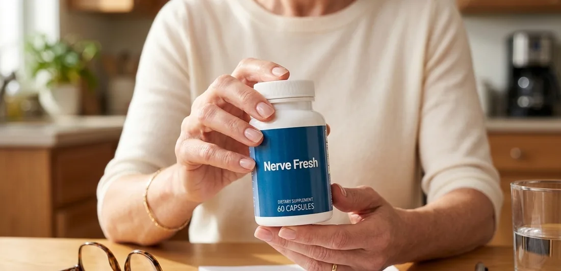 A woman's hands holding a Nerve Fresh bottle with the label facing the camera, reading glasses on the table